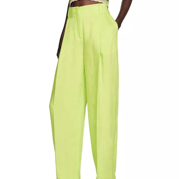 Sandro Neon Lime Green Pants w/ Defect Viscose Linen Wide Leg Trouser Pleated - Picture 3 of 9